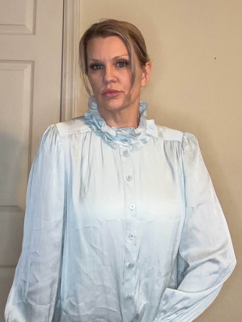 Zadig & Voltaire Pale Blue Ruffle Collar Button-Down Blouse